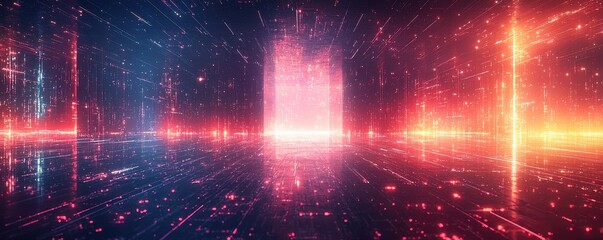 Colorful digital corridor with glowing grid and futuristic lighting effects