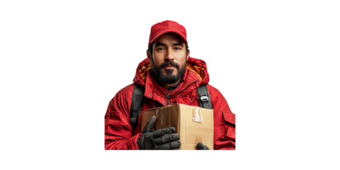 Delivery Worker Holding Package In Red Uniform. Efficient Logistics And Parcel Service Concept Isolated On Transparent Background