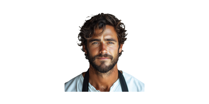 Portrait Of A Bearded Man With Curly Hair. Confident Expression Isolated On Transparent Background