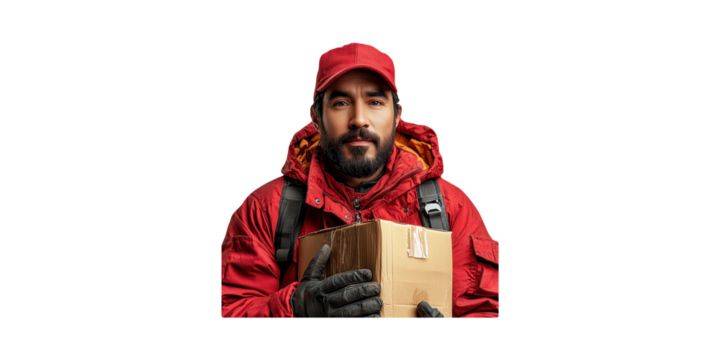 Delivery Worker Holding Package In Red Uniform. Efficient Logistics And Parcel Service Concept Isolated On Transparent Background