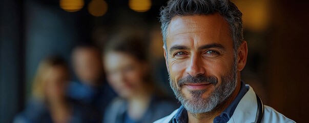 Smiling Male Doctor in a Clinic with Blurred Colleagues Behind