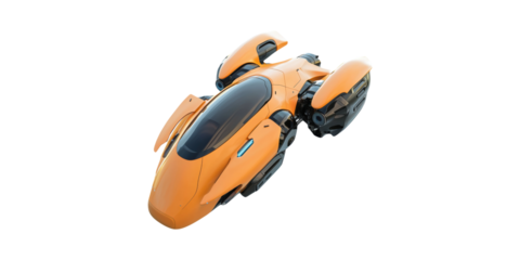 Futuristic Orange Hovercraft Vehicle. Advanced Transportation And Innovation Concept Isolated On Transparent Background