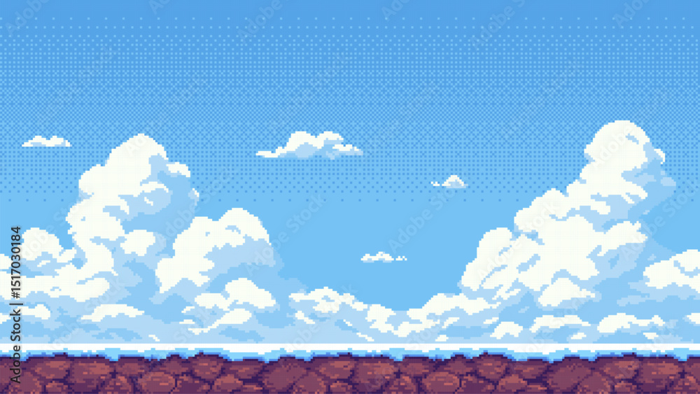 Poster 8-bit pixel art winter game level background. side-scrolling game. vector graphics. video game design. sky with white clouds.