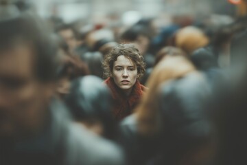Obraz premium Caucasian young female amidst urban crowd
