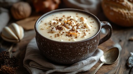 Creamy soup in a rustic mug, autumnal details