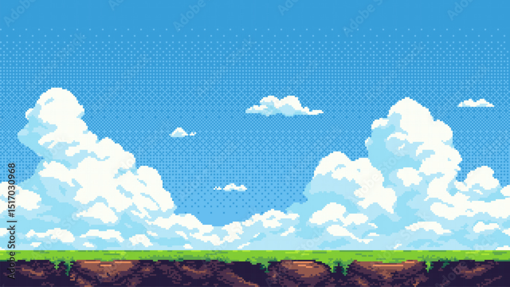 Aufkleber 8-bit pixel art game level background. side-scrolling game. vector graphics. 2D retro video game style. blue sky with white clouds. 