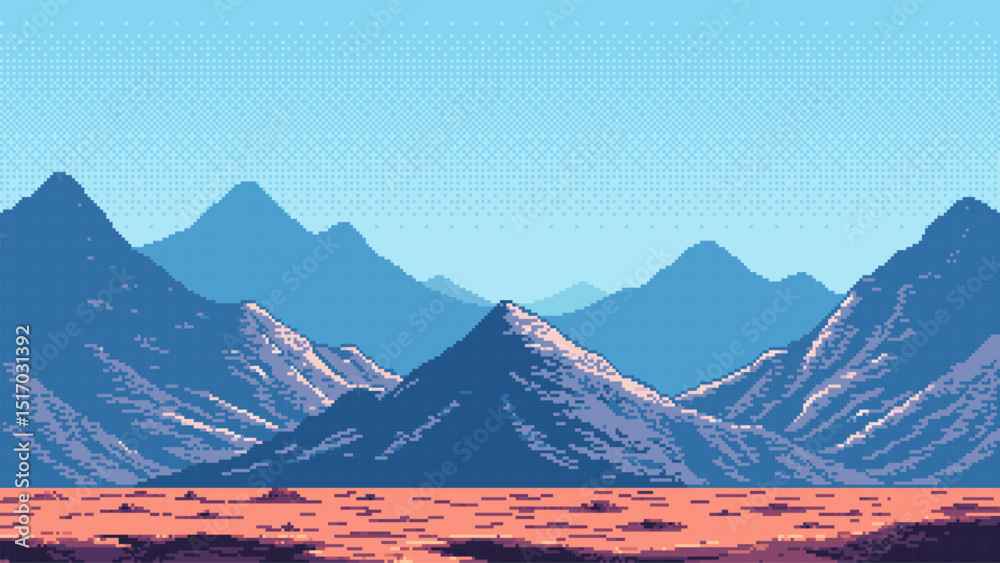Poster 8-bit pixel art game level background. mountain space landscape. 2D retro video game style. side-scrolling game. vector graphics. 