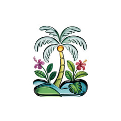 Tropical getaway with a glossy palm tree hibiscus flowers and gentle waves on transparent background