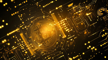 Obraz premium Vector illustration of a golden Bitcoin symbol representing blockchain technology and digital currency concepts. 