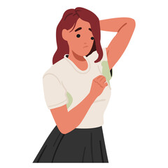 Unhappy woman cartoon character grimacing face feeling bad smell from wet sweaty clothes in armpits