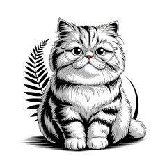 Whimsical illustration of a fluffy cat wearing round glasses gazing on transparent background