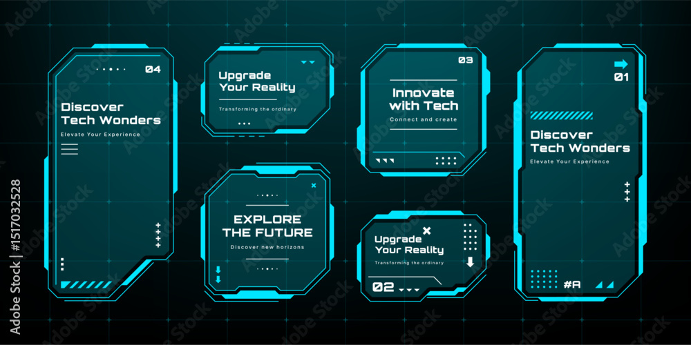 Aufkleber Set of HUD UI element frames. cyberpunk style. Text boxes in abstract tech style. Technology hi-tech design. Modern technology banners. Vector graphics.