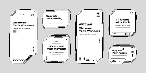 Set of HUD UI element frames. Text boxes in abstract tech style. cyberpunk style. Technology hi-tech design. Vector illustration. Modern technology banners. 