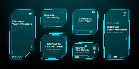 Set of HUD UI element frames. cyberpunk style. Text boxes in abstract tech style. Technology hi-tech design. Modern technology banners. Vector graphics.