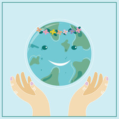 Planet Earth with eyes and a smile, in a wreath of flowers, smiling, against the sky, blue background