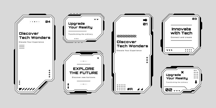 Set of HUD UI element frames. Text boxes in abstract tech style. cyberpunk style. Technology hi-tech design. Vector illustration. Modern technology banners. 