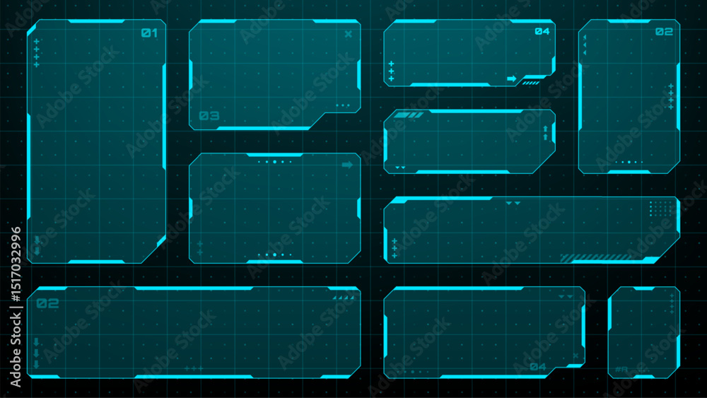 Poster Set of HUD UI element frames. Text boxes in abstract tech style. cyberpunk style. hi-tech design. Modern technology banners. Vector graphics. game interface elements. sci-fi frames