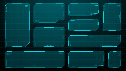Set of HUD UI element frames. Text boxes in abstract tech style. cyberpunk style. hi-tech design. Modern technology banners. Vector graphics. game interface elements. sci-fi frames © hiten666
