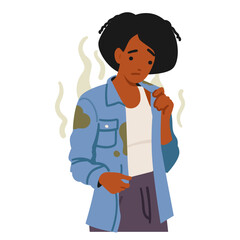 Sad woman cartoon character suffering from bad smell from dirty sweaty stink clothes portrait