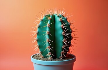 Spiky cactus with vibrant coral gradient background. Close-up showcases green cactus spines, teal shades. Isolated plant in blue pot with brown soil. Desert theme, botanical, natural, minimal design.