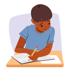 Clever schoolboy child cartoon character peeking at cheat sheets in class during examination process
