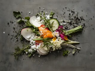 Artistic Spring Vegetable and Edible Flower Salad with Salt and Pepper on Gray Background

