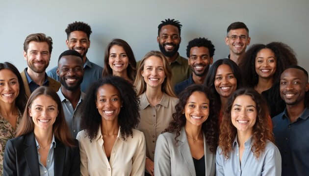 Diverse group people smiling at camera. Team of professionals, colleagues stand together. Happy faces, multi-ethnic staff, business team, corporate environment, workplace, success, teamwork, pro. - Powered by Adobe