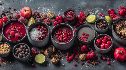 Winter Gourmet Dessert Selection with Red Berries and Chocolate on Dark Background

