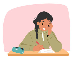Preteen girl student cartoon character studying writing exam using cheat sheets in class scene