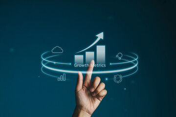 Hand interacting with futuristic digital interface showing upward bar graph and connected data analytics icons in blue technology style

