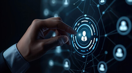 Hand reaches toward glowing digital security interface with biometric authentication symbols.