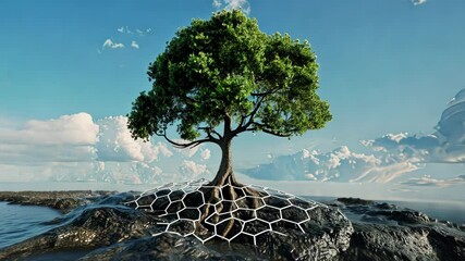 Conceptual graphic of a tree, its roots reshaped as a carbon molecule, symbolizing corporate environmental duty. Corporate carbon reduction