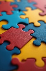 Fototapeta premium Close-up shot of vibrant jigsaw puzzle pieces in red yellow and blue colors. Interlocking elements ready for assembly. Concept teamwork problem-solving game time fun challenge mental exercise.