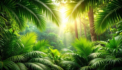 みずみずしい緑の葉が重なり合い、木漏れ日が優しく降り注ぐトロピカルジャングルの生き生きとした風景