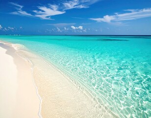 Tranquil turquoise water laps a pristine beach under a vibrant blue sky