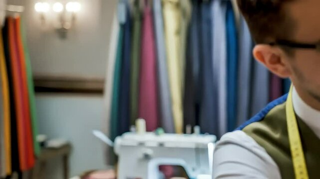 Focused tailor meticulously measures a client for a bespoke garment in a traditional atelier with fabrics and sewing machine