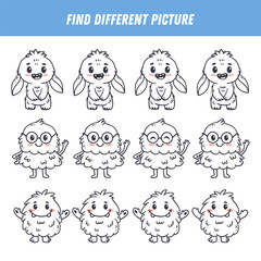 Find different monster each row. Logical game for kids. Cartoon monster. Doodle. Vector
