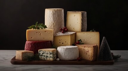 A beautifully arranged assortment of artisanal cheeses garnished with holly and decorative elements, perfect for gourmet food promotions, holiday gatherings, or culinary blogs,