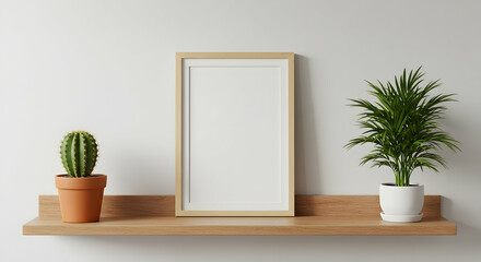 Modern minimalist home decor mockup design with wooden shelf frame plants