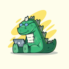Techasaurus Rex, Dino Monster Working on a laptop vector illustration. Mascot, tech design concept.