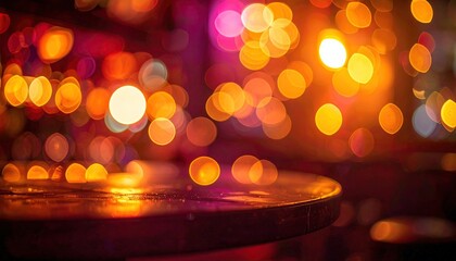 Blurred, vibrant bokeh of city lights on a dark table