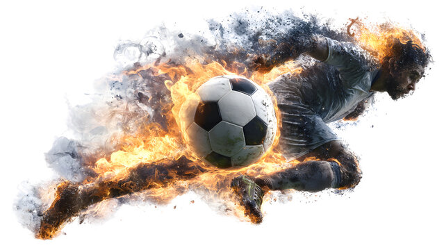 Fiery Soccer Player Kicking a Ball, Isolated on Transparent Background