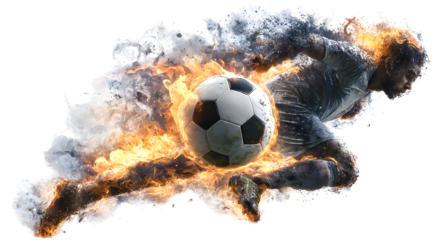 Fiery Soccer Player Kicking a Ball, Isolated on Transparent Background