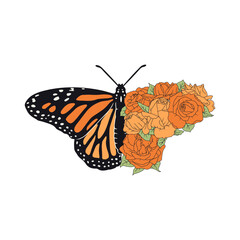 Hand drawn orange monarch butterfly with floral wing clip art. Beautiful tropical insect with rose flowers design. Vector illustration on white background