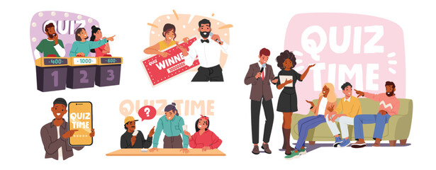 Happy people cartoon characters enjoying participation in quiz game show isolated scene set