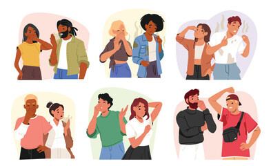 People suffering from problem with bad smell during communication isolated set on white background