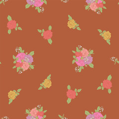 Vintage line art pink rose sprigs seamless pattern with brown backdrop. Romantic floral composition repeat background. Beautiful hand drawn botanical wallpaper for summer designs. vector illustration