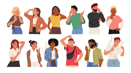 Diverse people cartoon characters with poor hygiene, feeling smell bad stink from clothes set