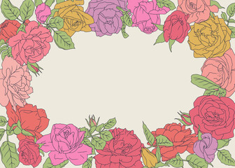 Beautiful hand drawn line art colorful rose flowers and leaves horizontal oval frame. Vintage romantic floral border card template vector illustration