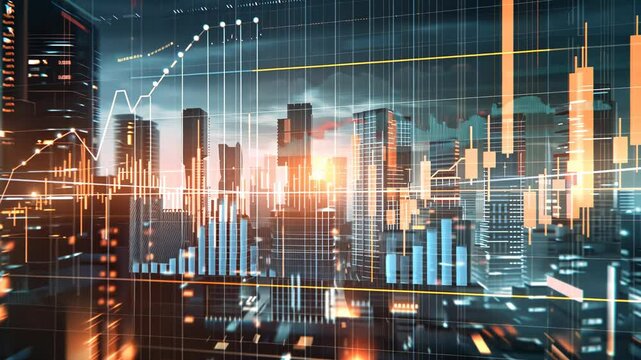In a virtual space, a 3D graph displaying decreasing carbon emissions stands against modern corporate buildings. Corporate carbon reduction
